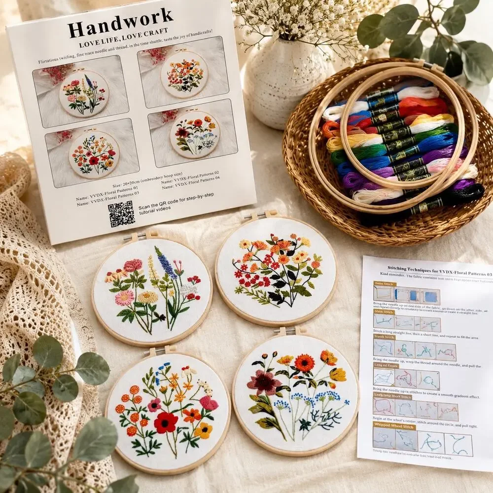 Handwork Floral Embroidery Kit Set of 4 Patterns Hoop Thread DIY Beginner Craft